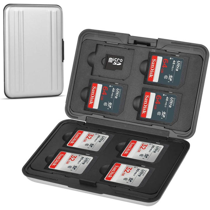 Carcasa de protectie pentru carduri SD, TF, 24 Sloturi, Axroad Mall, Universal, Hard Case, IPX 5, Rezistenta la cadere, Protectie impotriva deteriorarilor, Usor de utilizat, Aluminiu, 11 x 7.5 x 2 cm, Argintiu