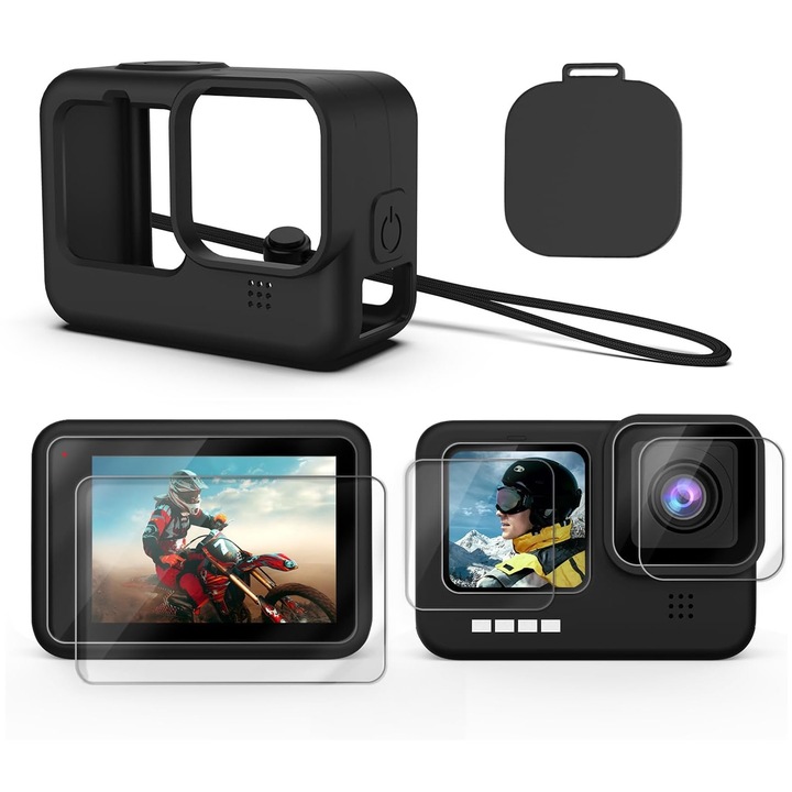 Carcasa protectie compatbil Cu GoPro Hero 12, 11, 10, 9, Axroad Mall, Cu carcasa de protectie si prindere, Capac de protectie lentila, Material rezistent la murdarie, Protectie impotriva deteriorarilor, Curea inclusa, Negru