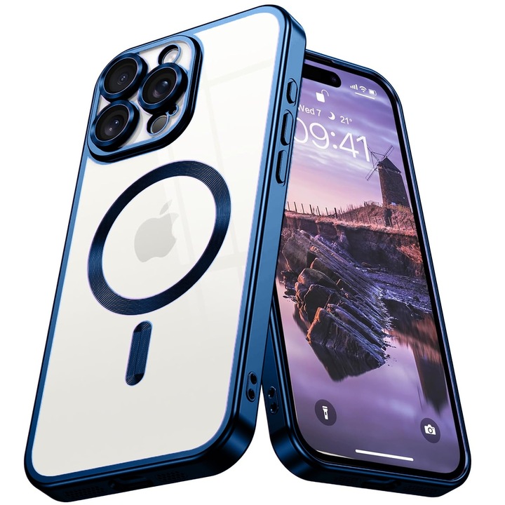 Apple iPhone 16 Pro Max DaDen® Magsafe ElectroEdge tok kameravédelemmel, Ütésálló, Átlátszó kék szélekkel