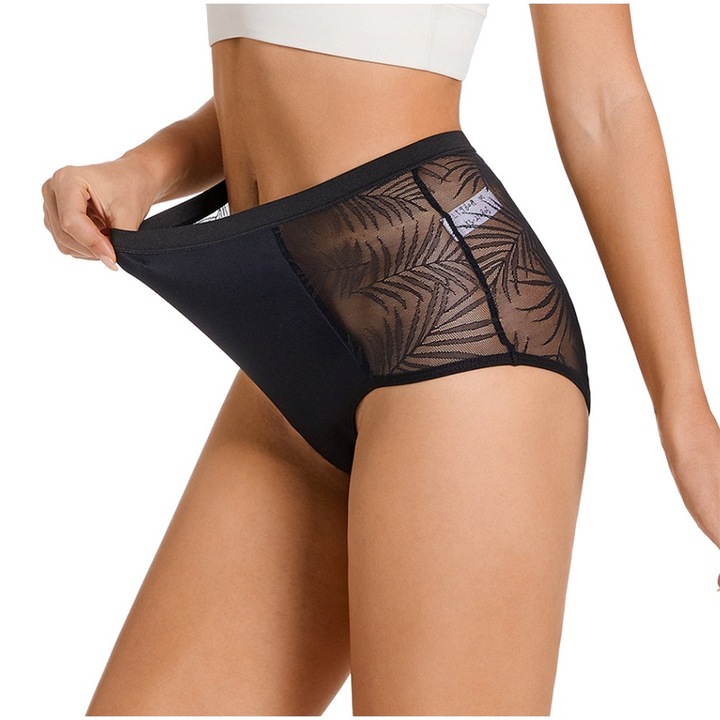 Lenjerie menstruala cu talie inalta, reutilizabila, plasa de dantela respirabila, moderat absorbanta, lenjerie menstruala zilnica rezistenta la scurgeri (negru) marimea S