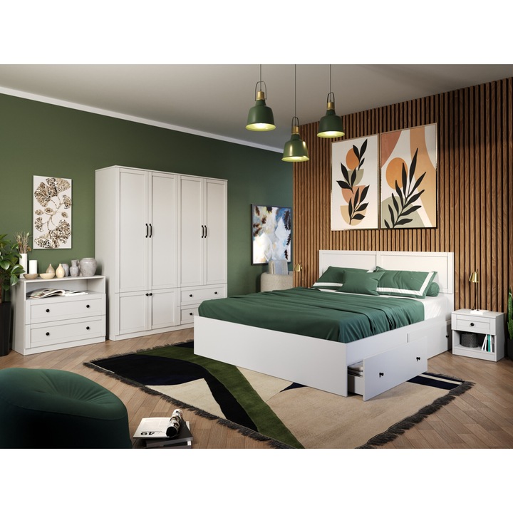 Set Mobila Dormitor, Class C06, Pat 160 x 200, 2 Noptiere, Comoda cu Sertare si Dulap 164.4cm