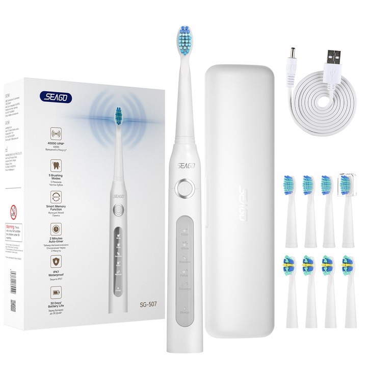 Elektromos fogkefe felnőtteknek, SEAGO SG-507 ultrahangos fogkefék 8 kefefejjel, újratölthető elektronikus fogkefe, fehér