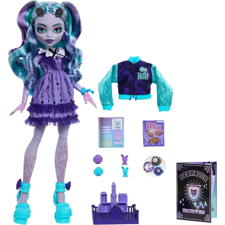 Set Papusa Monster High Fearbook Twyla cu Accesorii Tematica Movie Club