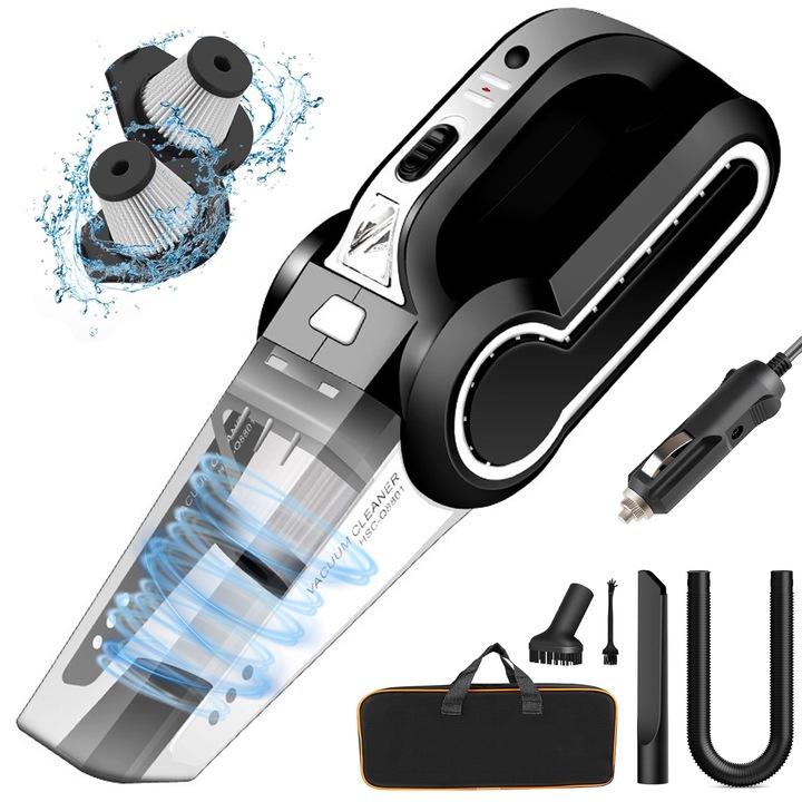Aspirator Auto Portabil, De Mana, 120W, 4-in-1 Aspirator auto ultra puternic cu USB, Furtun, Perie, 2 Instrumente Spatii Inguste, Filtru, pentru Curatare Casa si Masina, Negru