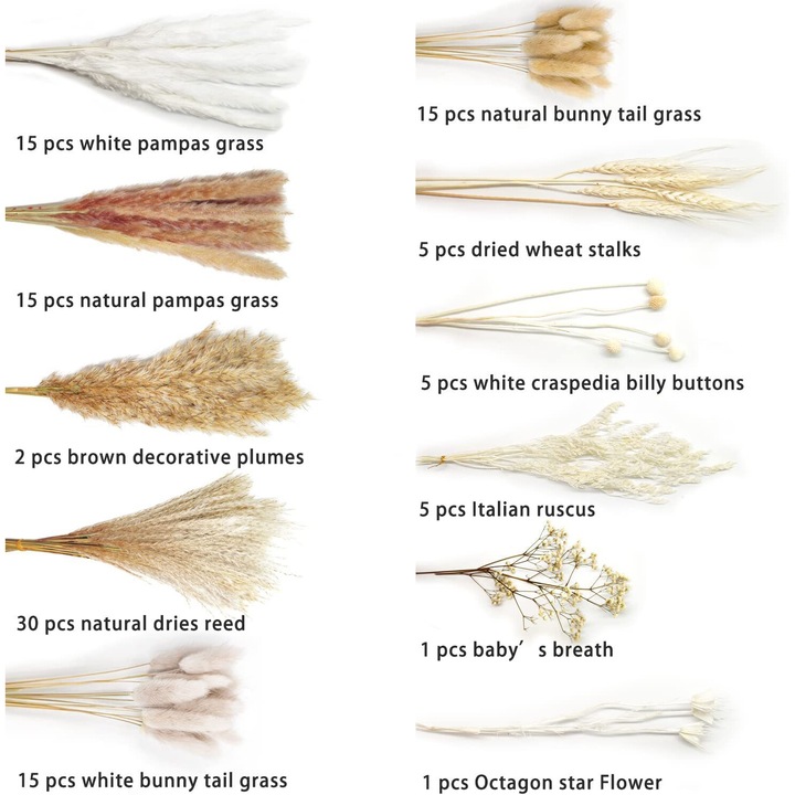 Комплект от 109 декоративни букета от суха тръстика, различни стилове, многоцветни, дължина 43 см