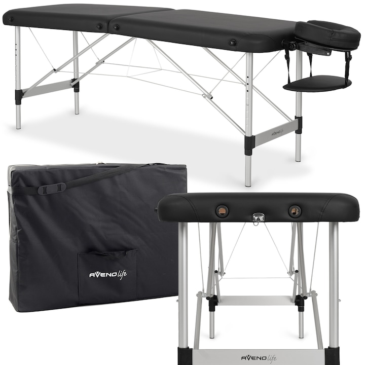 Masa de masaj, pat cosmetica pentru stilizarea genelor, Portabila, Pliabila, Aveno Life NINA, greutate 10 kg, saltea spuma 3.5cm, inaltime reglabila 57-79 cm, dimensiuni 165x60cm, geanta transport, Piele ecologica, cadru aluminiu, Negru