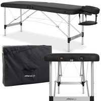 Masa de masaj, pat cosmetica pentru stilizarea genelor, Portabila, Pliabila, Aveno Life NINA, greutate 10 kg, saltea spuma 3.5cm, inaltime reglabila 57-79 cm, dimensiuni 165x60cm, geanta transport, Piele ecologica, cadru aluminiu, Negru