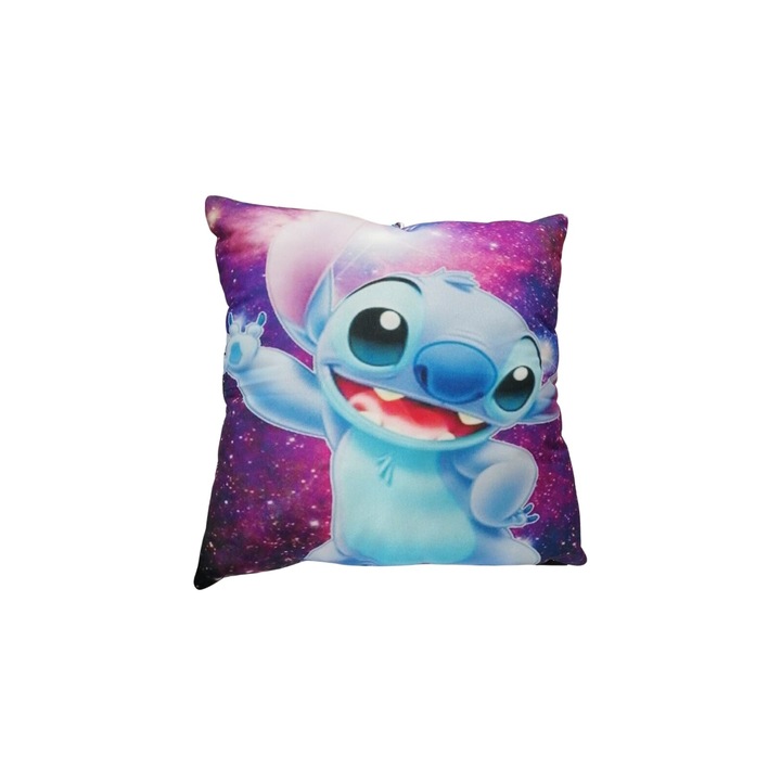 Perna personalizata pentru copii, tip Stitch, mov/albastru, 45 cm x 45 cm