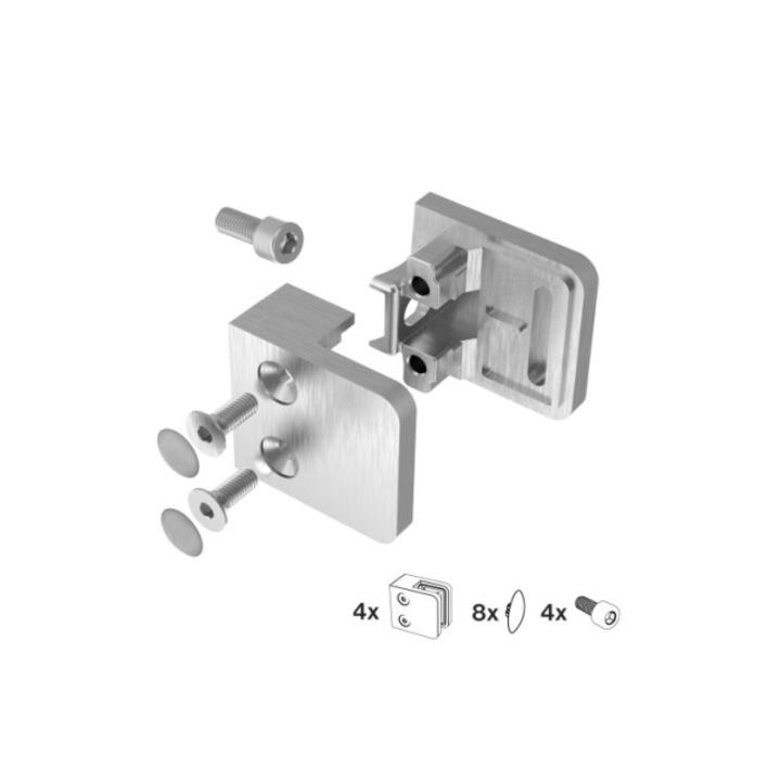 Set suport sticla 4 bucati Suport sticla Model 21 Conector Plat 45X45 Aisi 304 Satinat Pentru sticla 6-10, 76