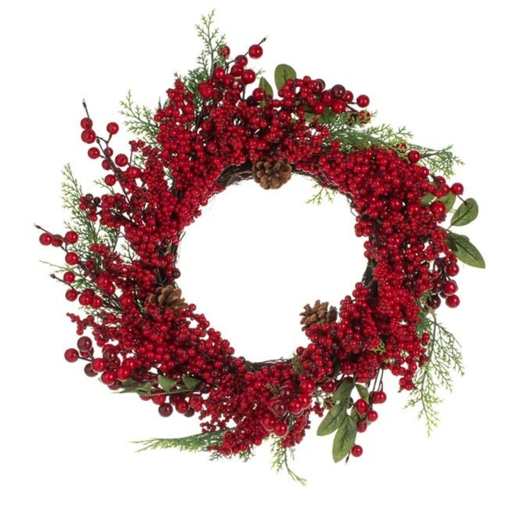 Coronita pentru Craciun, 55 cm, din Pomusoare, Verdeata si Conuri, Verde/Rosu, UnderShop®