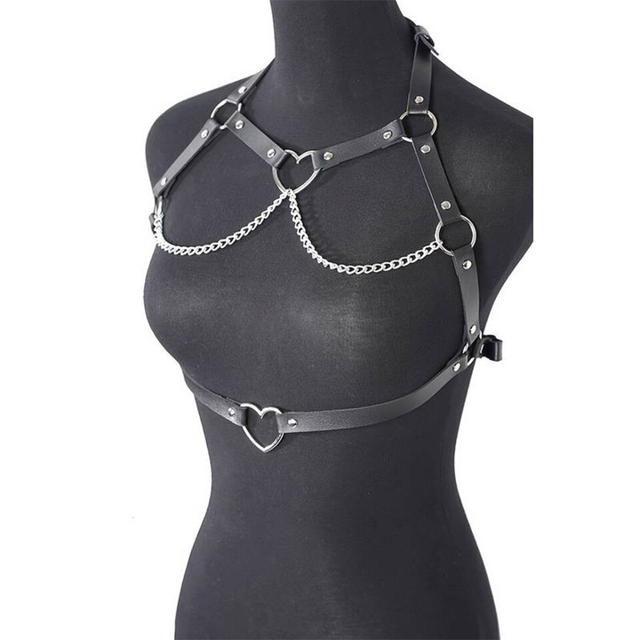 Ham sexy, accesorizat cu lanturi si inimioare, model indraznet provocator, BDSM, tematica open heart, marime univerasala, negru, EFAYN