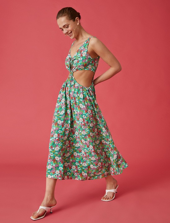 KOTON, Rochie cu decupaje si model floral, Verde, XL