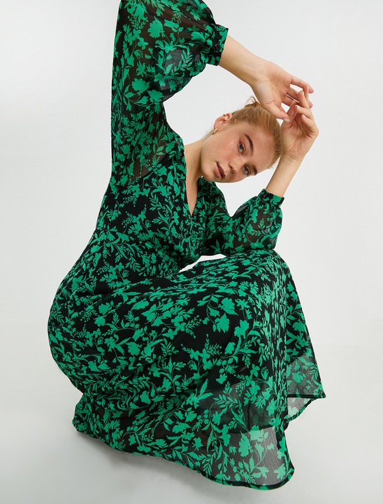 KOTON, Rochie midi cu decolteu in V si imprimeu, Verde, XL