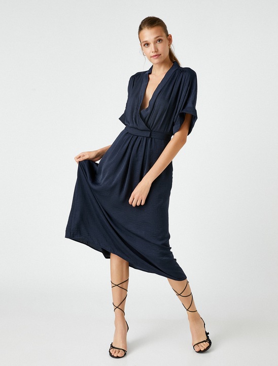 KOTON, Rochie evazata cu decolteu cache-coeur, Albastru marin, L