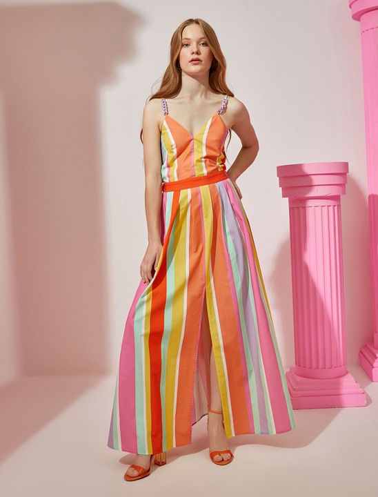 KOTON, Rochie cu model in dungi, cu decolteu in V si slit frontal, Galben, M