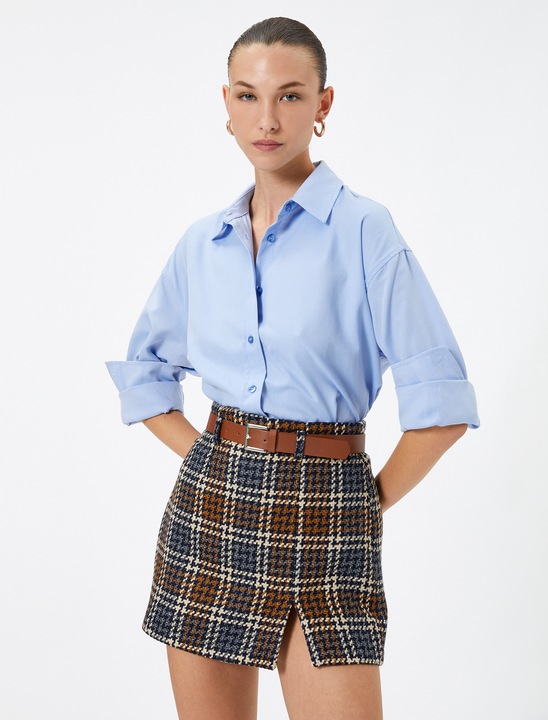 KOTON, Fusta mini cu model in carouri si curea, Bleumarin, S