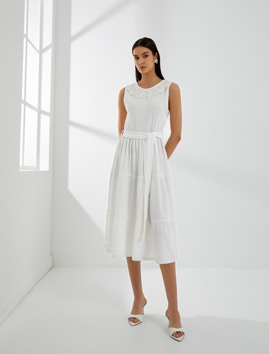 KOTON, Rochie midi cu cordon in talie, Alb murdar, 3XL