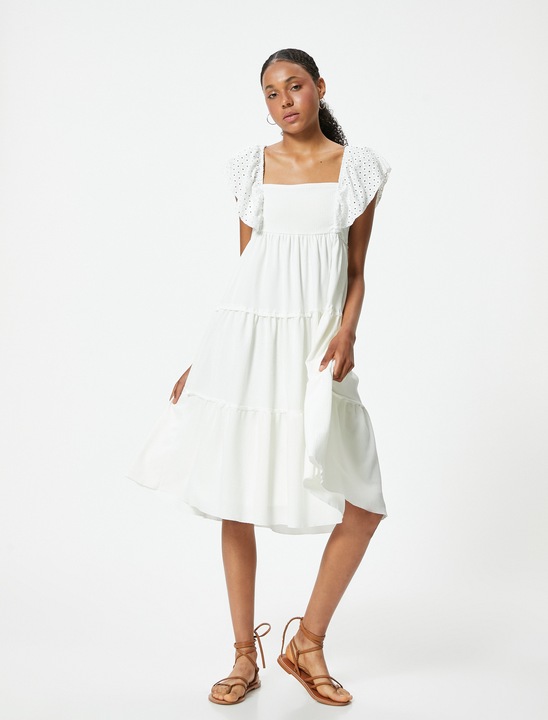 KOTON, Rochie evazata cu decolteu patrat, Alb murdar, XS