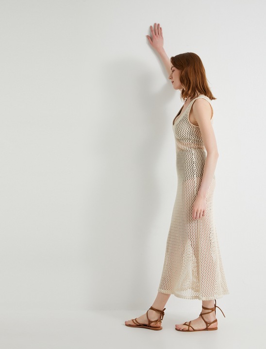 KOTON, Rochie midi crosetata, Alb murdar, L