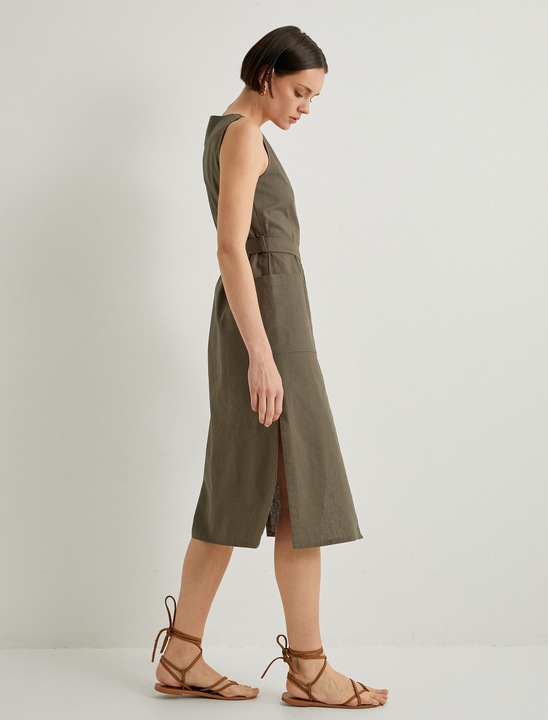 KOTON, Rochie midi din amestec de in, Kaki, XS