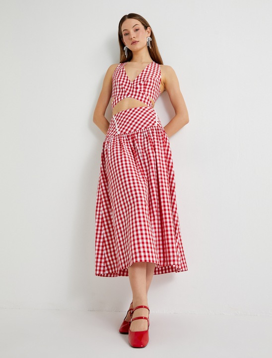 KOTON, Fusta midi cu imprimeu in carouri, Rosu, XS