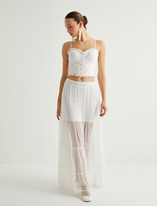 KOTON, Fusta maxi din tul, Alb, S