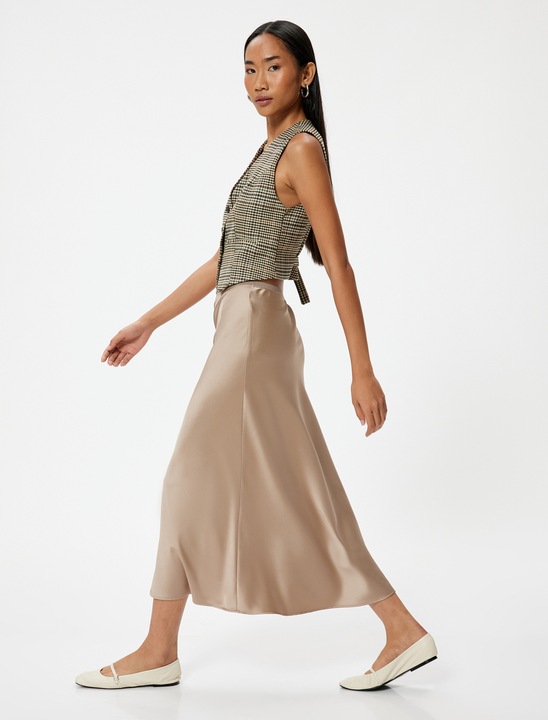 KOTON, Fusta midi din satin cu talie medie, Maro camel