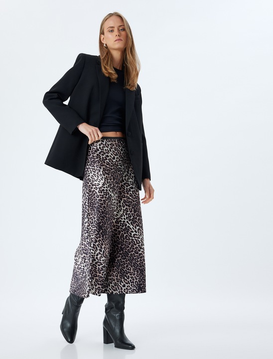 KOTON, Fusta cu talie medie si animal print, Maro