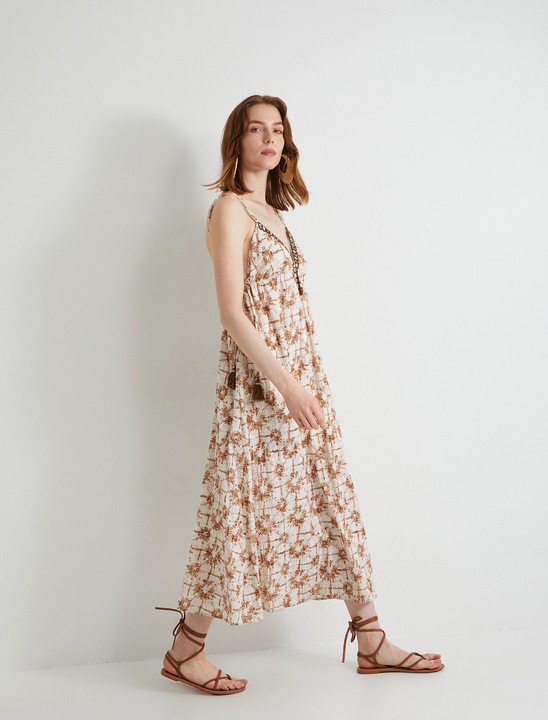 KOTON, Rochie maxi din bumbac cu croiala in A si model abstract, Maro