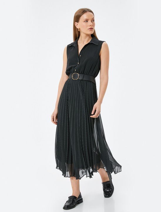 KOTON, Rochie midi fara maneci cu aspect plisat, Negru, XS