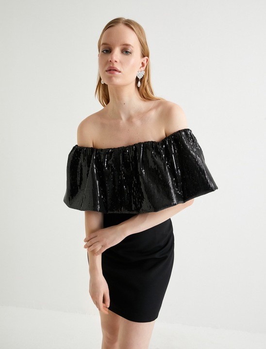 KOTON, Rochie cu decolteu pe umeri si aplicatii cu paiete, Negru, 2XS