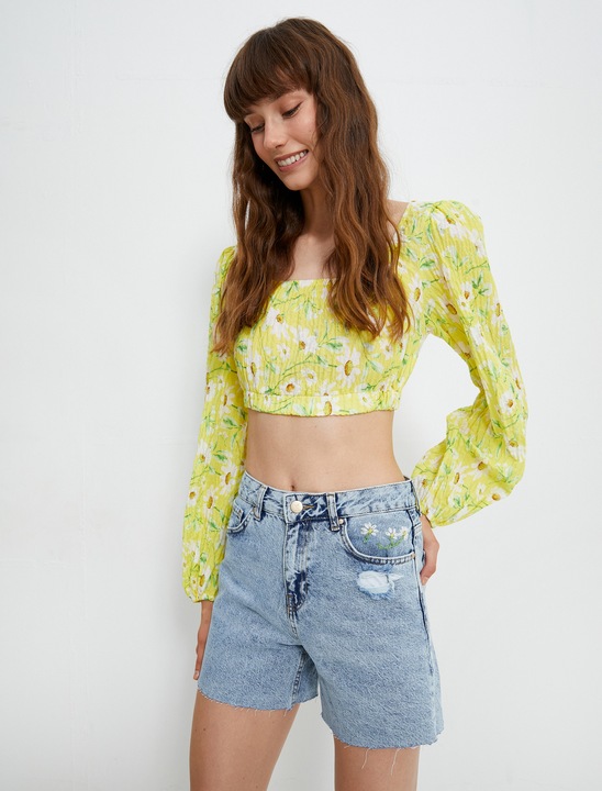 KOTON, Blugi scurti cu aspect deteriorat, Albastru deschis, XS