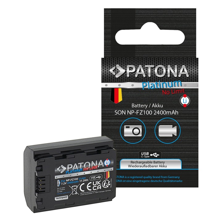 Acumulator Patona Platinum NP-FZ100, port USB-C, 2600 mAh, pentru NP-FZ100 A7 III A7M3 Alpha 7 III A7 R III A7RM3 Alpha 7 R III A9 Alpha 9