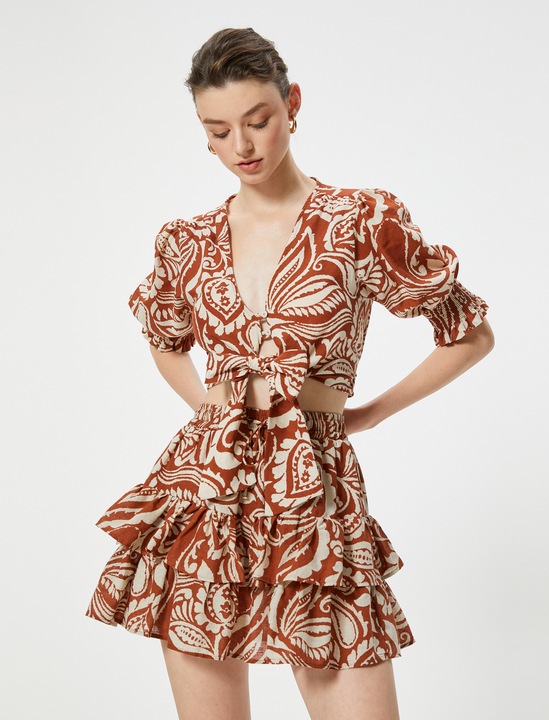 KOTON, Fusta din amestec de in cu volane, Maro, XS