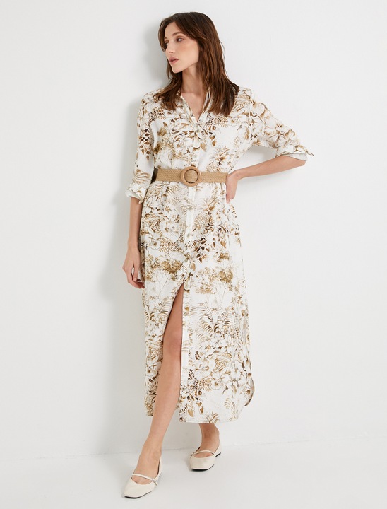 KOTON, Rochie-camasa midi cu model floral si curea in talie, Maro, XS