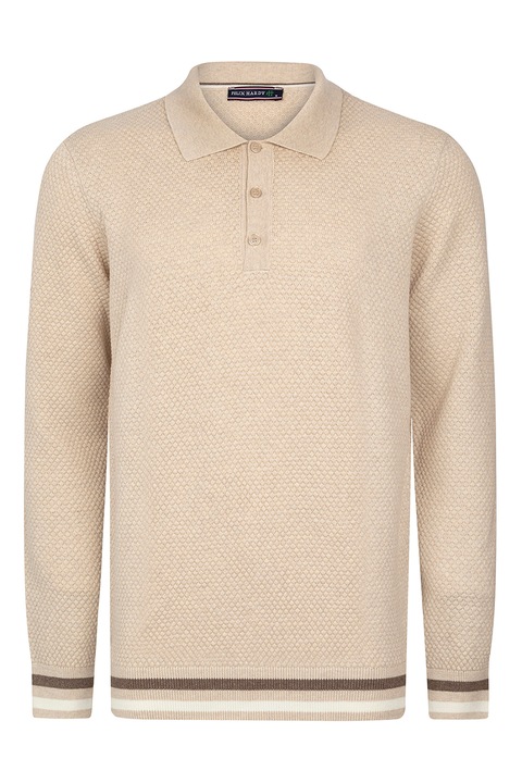 Felix Hardy, Pulover polo cu accente in dungi, Alb optic, Maro fango, Bej deschis, XL