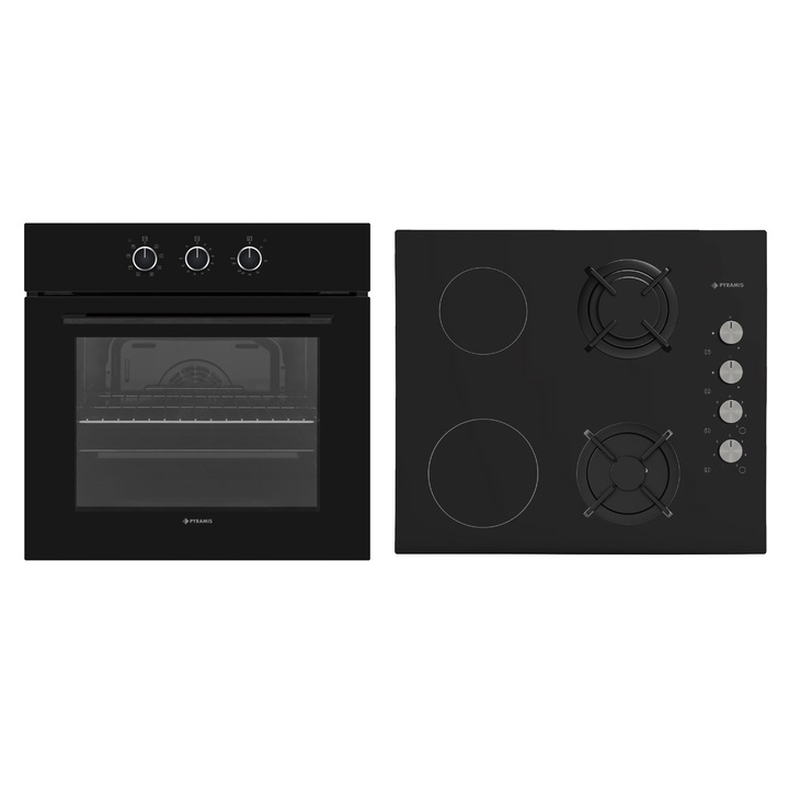 Pachet Pyramis Megalo Premium Black 4P, cuptor electric si plita mixta, 8 functii, clasa A, volum 69 litri, control cu butoane rotative mari, ghidaje laterale cromate, timer mecanic, 2 zone electrice si 2 arzatoare gaz, finisaj sticla neagra