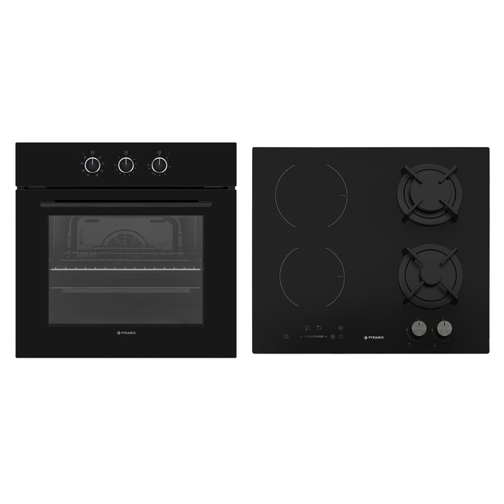 Pachet Pyramis Megalo Premium Black 5P, cuptor electric si plita mixta, 8 functii, clasa A, volum 69 litri, control cu butoane rotative mari, ghidaje laterale cromate, timer mecanic, 2 zone inductie si 2 arzatoare gaz, finisaj sticla neagra