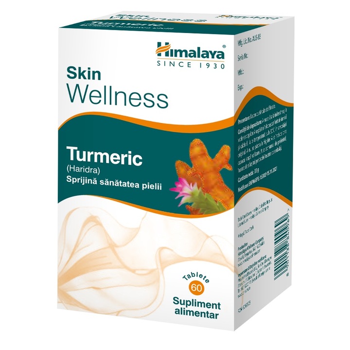 Supliment alimentar, Himalaya, Turmeric Wellness, Curcuma longa, antioxidant puternic, sanatatea pielii, elasticitate, formula vegana, 60 tablete