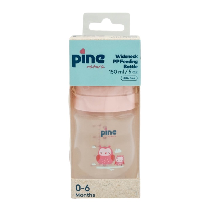 Biberon cu gat larg cu tetina nr. 1, 0-6 luni, Roz x 150ml Pine Natura x 1 buc