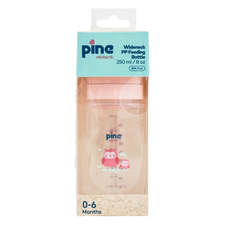 Biberon cu gat larg cu tetina nr. 1, 0-6 luni, Roz x 250ml Pine Natura x 1 buc