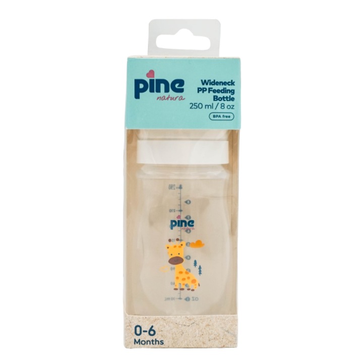 Biberon cu gat larg cu tetina nr. 1, 0-6 luni, Alb x 250ml Pine Natura x 1 buc