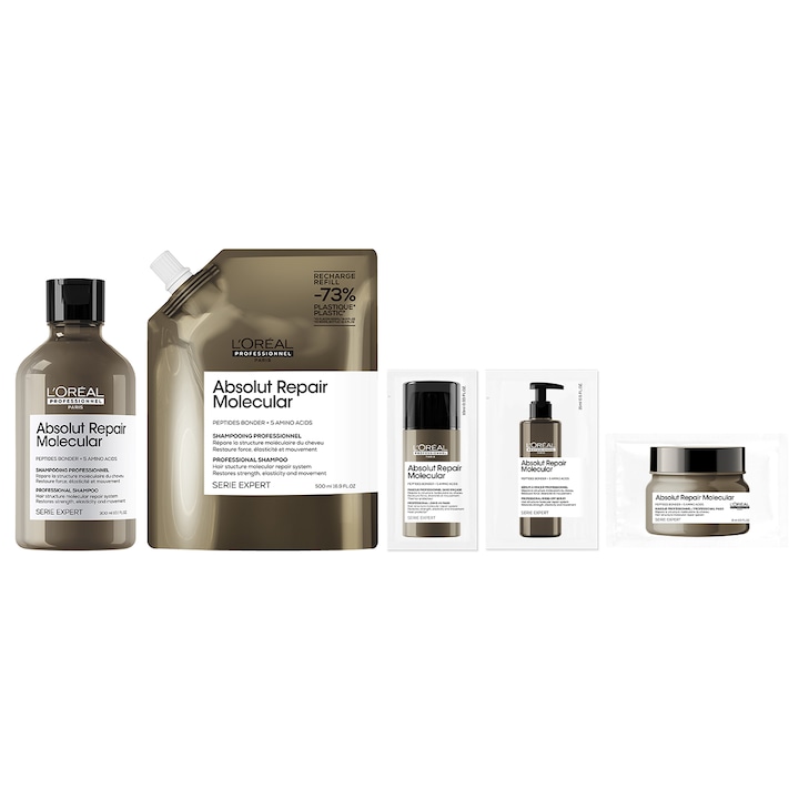 Топ 10 Шампоани И Комплекти за Възстановяване на Суха и Увредена Коса Комплект шампоан L'Oreal Professionnel Serie Expert Absolut Repair Molecular за увредена коса, Формулиран с пептидни връзки и 5 аминокиселини, Силна и блестяща коса, 300 мл + Резерва, 500 мл