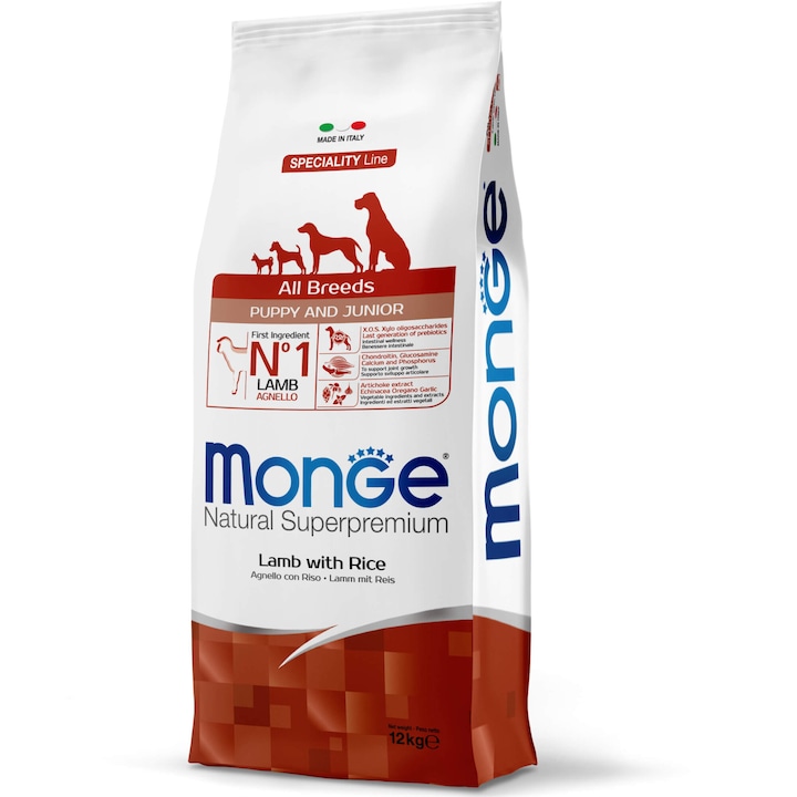 Hrana uscata pentru caini, Monge Natural, Puppy&Junior, Miel, Orez, 12kg