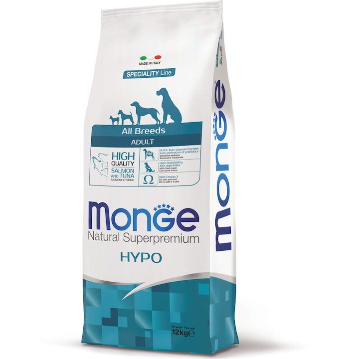 Hrana uscata pentru caini, Monge Natural, Hypoallergenic, Adult, Somon, Ton, 12kg