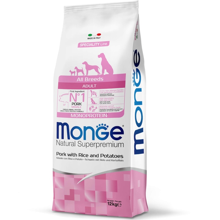 Hrana uscata pentru caini, Monge Natural, Monoprotein, Adult, Porc, Orez, 12kg