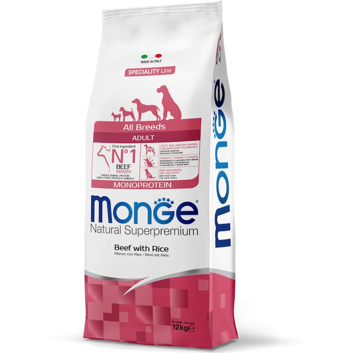 Hrana uscata pentru caini, Monge Natural, Monoprotein, Adult, Vita, Orez, 12 kg