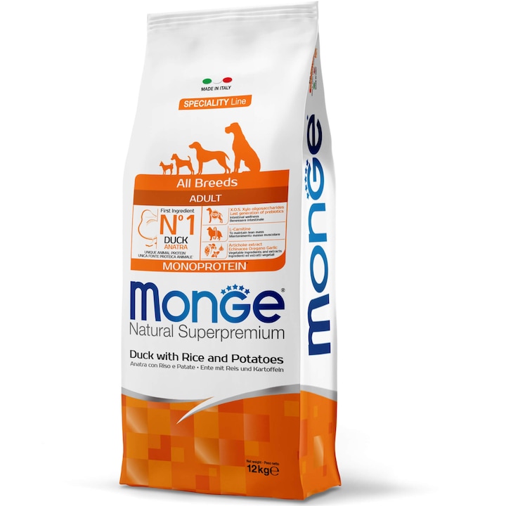 Hrana uscata pentru caini, Monge Natural, Monoprotein, Adult, Rata, Orez, 12kg