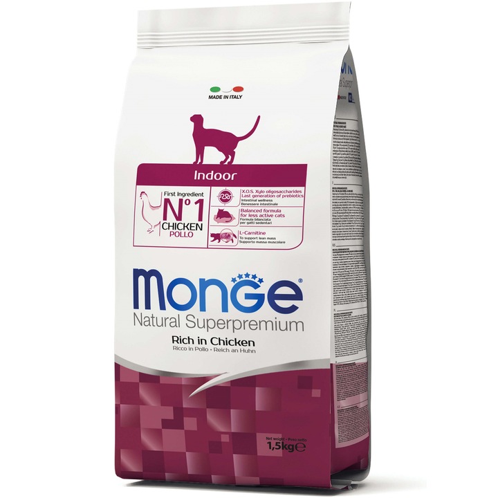 Hrana uscata pentru pisici, Monge Natural, Indoor, Pui, 1.5kg