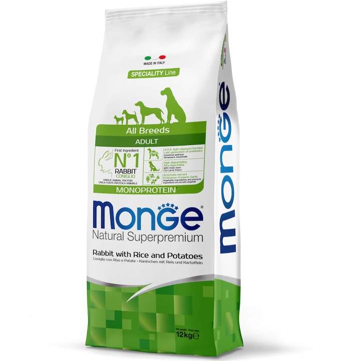 Hrana uscata pentru caini, Monge Natural, Monoprotein, Adult, Iepure, Orez, 12 kg